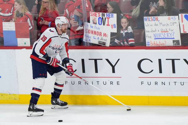 Washington Capitals right wing Anthony Mantha warms up before the start of an NHL hockey game a ...