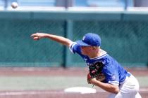 Bishop Gorman's James Whitaker delivers a pitch against Desert Oasis during a Class 5A high sch ...