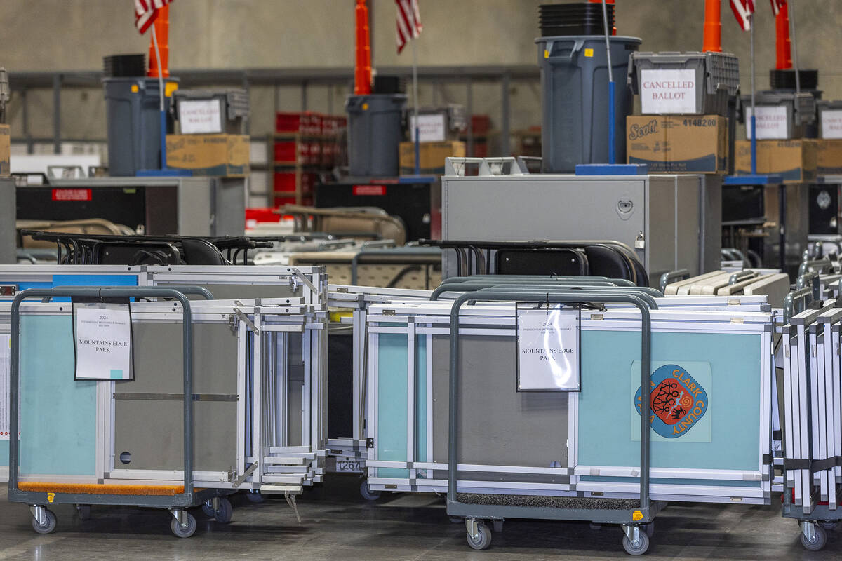 Ballot equipment is stored for later usage as Nevada Attorney General Aaron Ford and Secretary ...