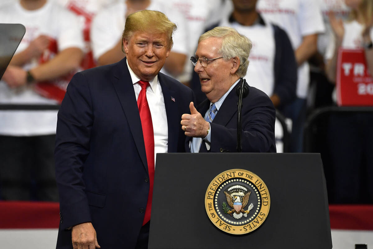 Then President Donald Trump, left, and Senate Majority Leader Mitch McConnell of Ky., greet eac ...