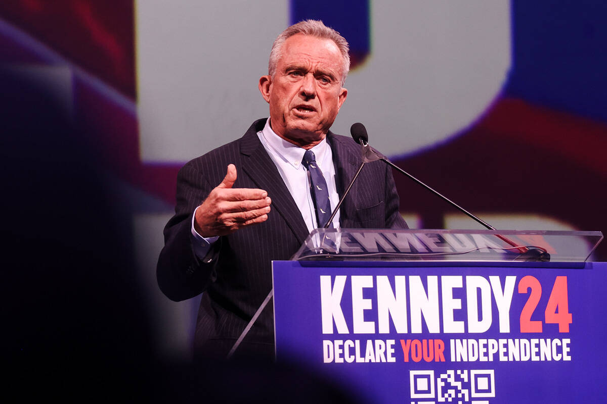 Independent presidential candidate Robert F. Kennedy speaks to a crowd at Area 15 in Las Vegas, ...