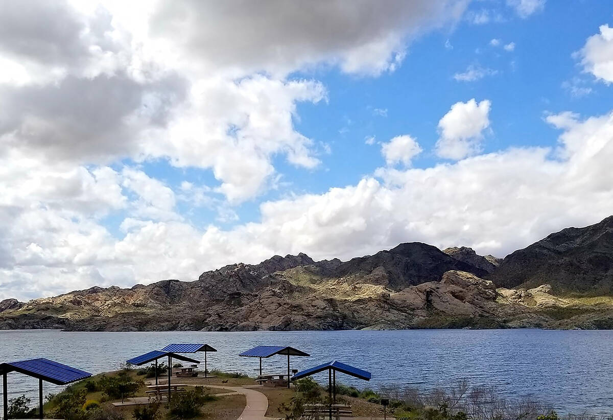 Covered picnic tables at Lake Mohave’s Princess Cove during a previous spring. (Natalie ...