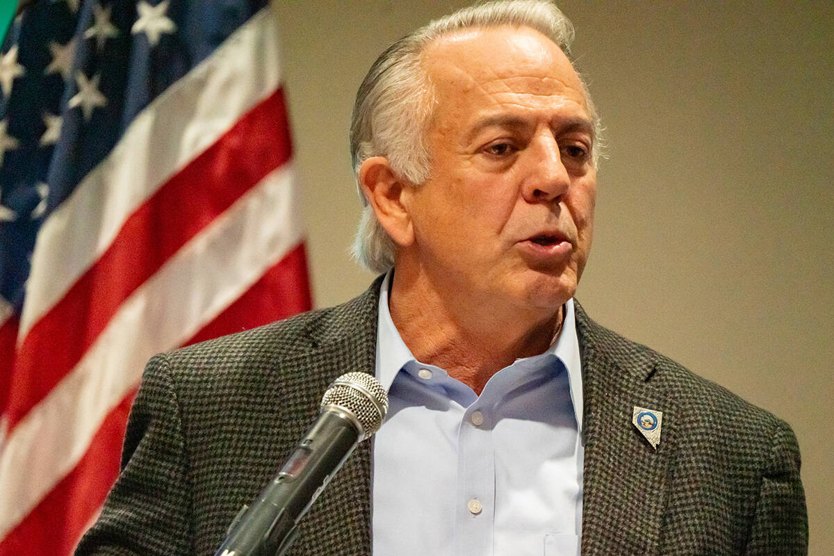 Gov. Joe Lombardo giving a speech at the Nye County Lincoln Dinner attendees at the Pahrump Nug ...