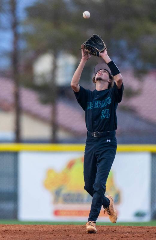 Silverado infielder Tyler Bledsoe (25) looks in a fly ball against Green Valley during their NI ...