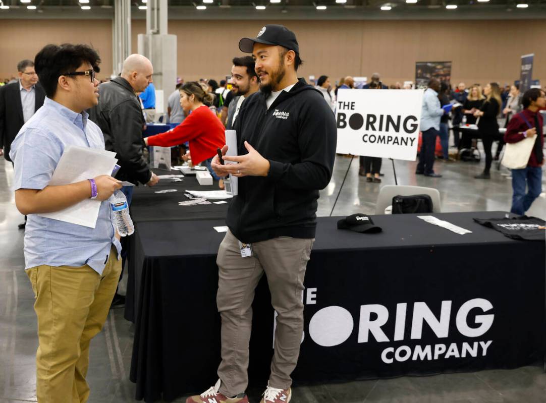 Darrell Lampa, right, a recruiter at the Boring Company, an infrastructure, tunnel construction ...