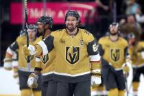 Golden Knights right wing Mark Stone (61) celebrates after the Knights beat the Bruins in overt ...