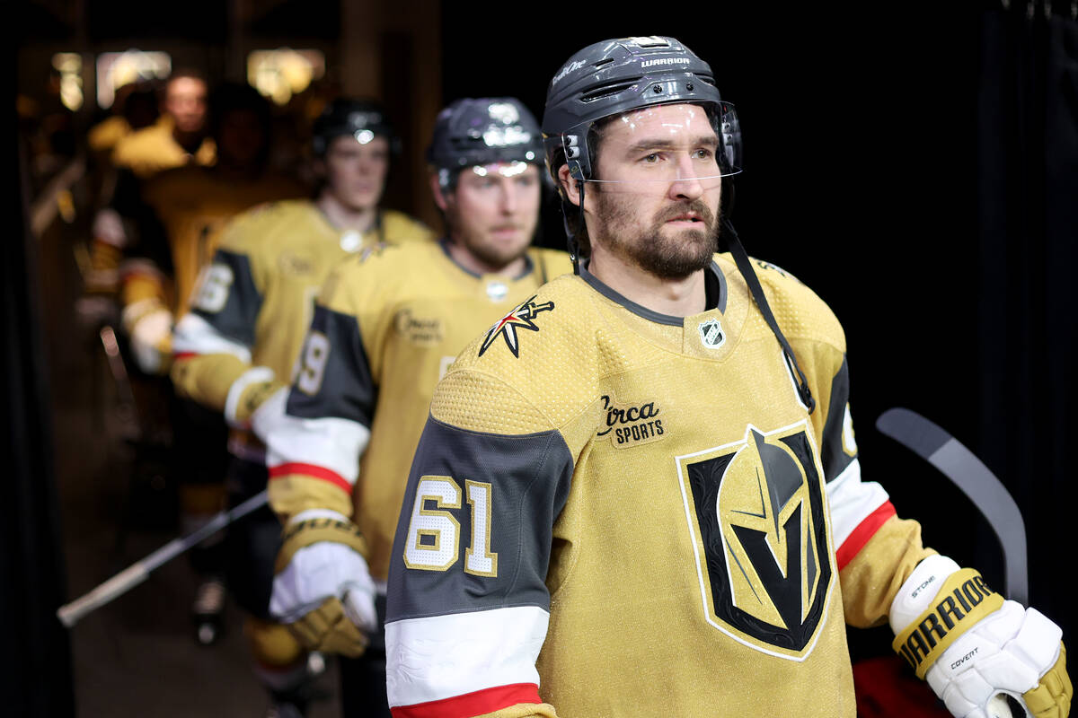 Golden Knights right wing Mark Stone walks onto the ice for warmups before an NHL hockey game a ...