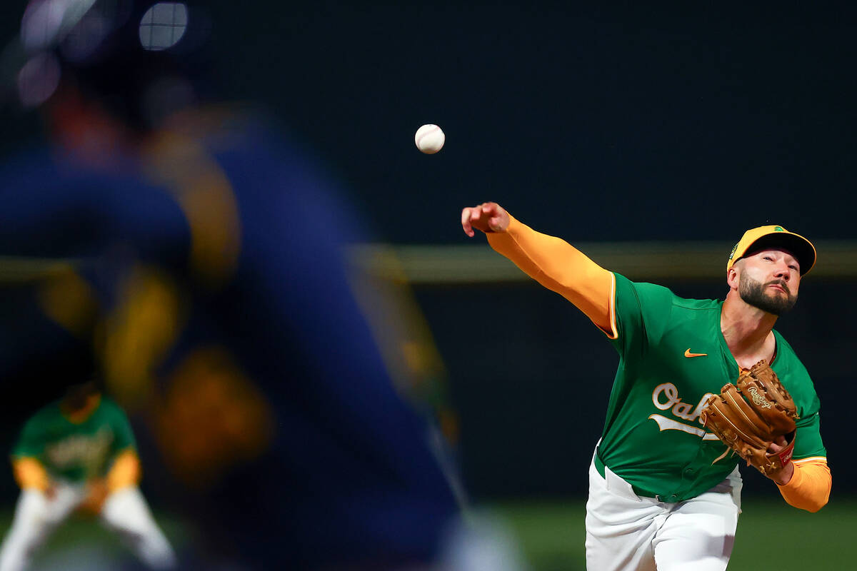 Oakland Athletics pitcher Lucas Erceg (70 throws to the Milwaukee Brewers during a Major League ...