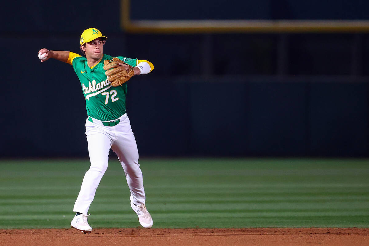 Oakland Athletics infielder Max Muncy (72) throws to second base during a Major League Baseball ...