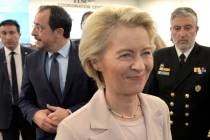 President of the European Commission, Ursula von Der Leyen smiles as she walks with Cypriot Pre ...
