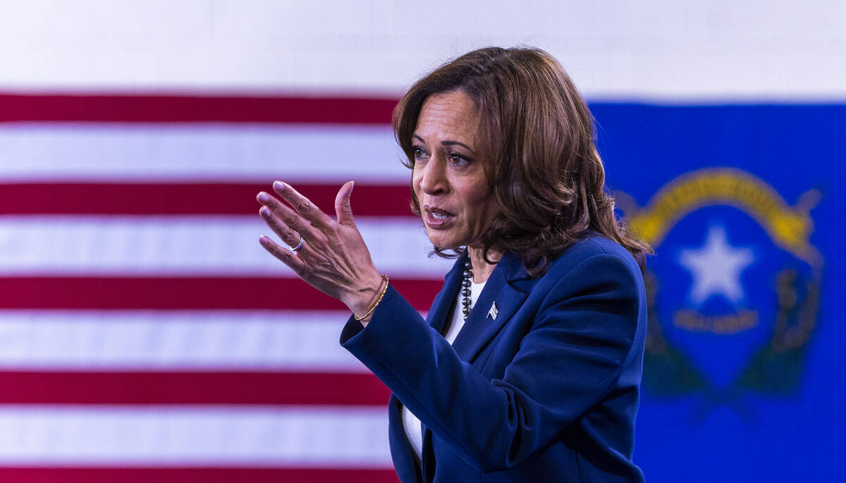 Vice President Kamala Harris speaks about former President Donald Trump during a rally at Mojav ...