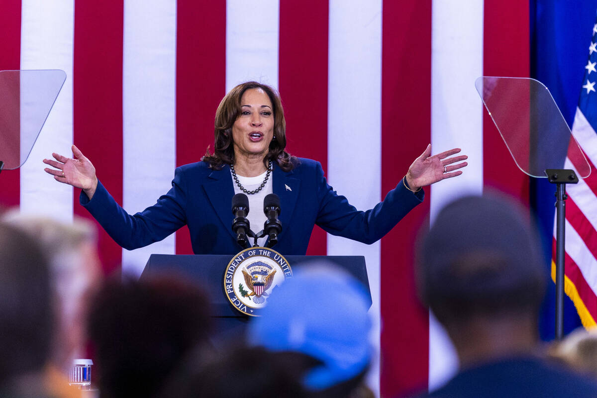Vice President Kamala Harris speaks keeping the country moving forward about during a rally at ...