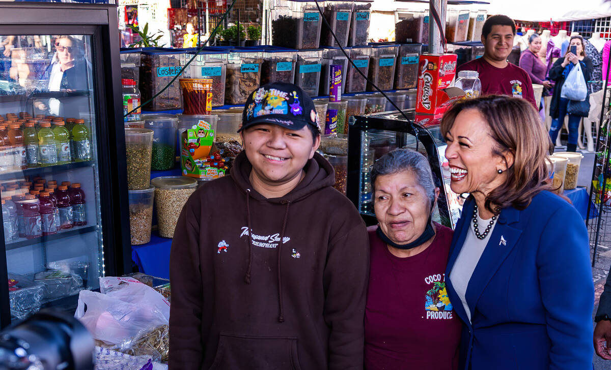 Vice President Kamala Harris makes a stop to chat with people at Broadacres Marketplace on Satu ...