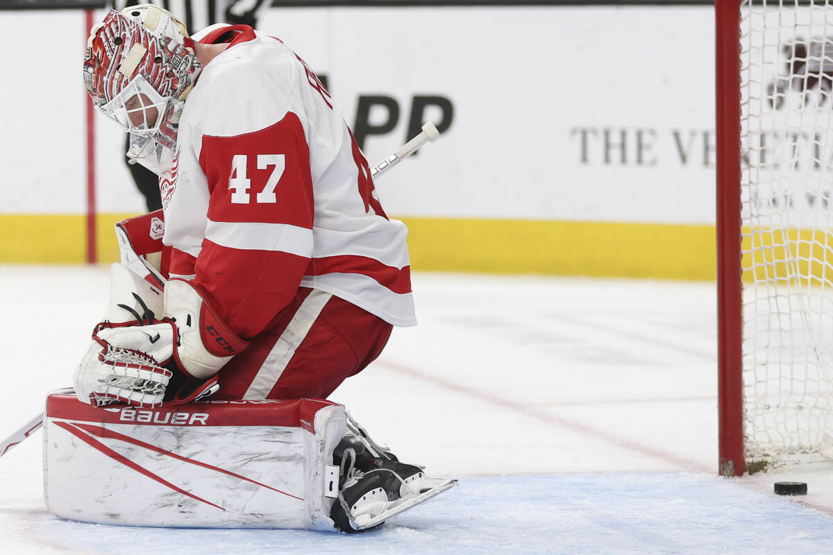 Red Wings goaltender James Reimer (47) misses the save on a Golden Knights goal during the firs ...