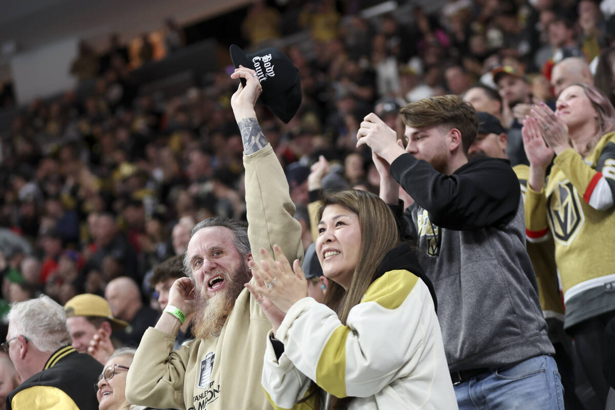 Golden Knights celebrate after a score during the first period of an NHL hockey game against th ...