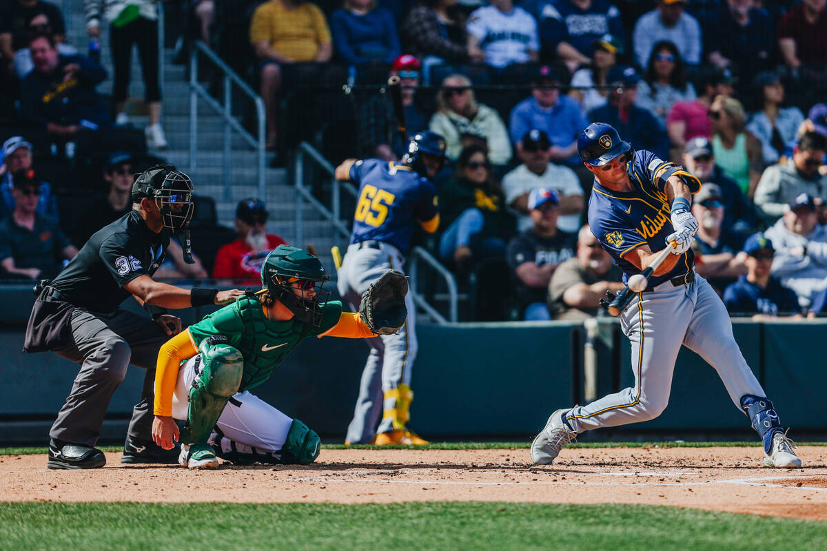 Milwaukee Brewers outfielder Brewer Hickland (75) hits the ball during a Big League Weekend gam ...