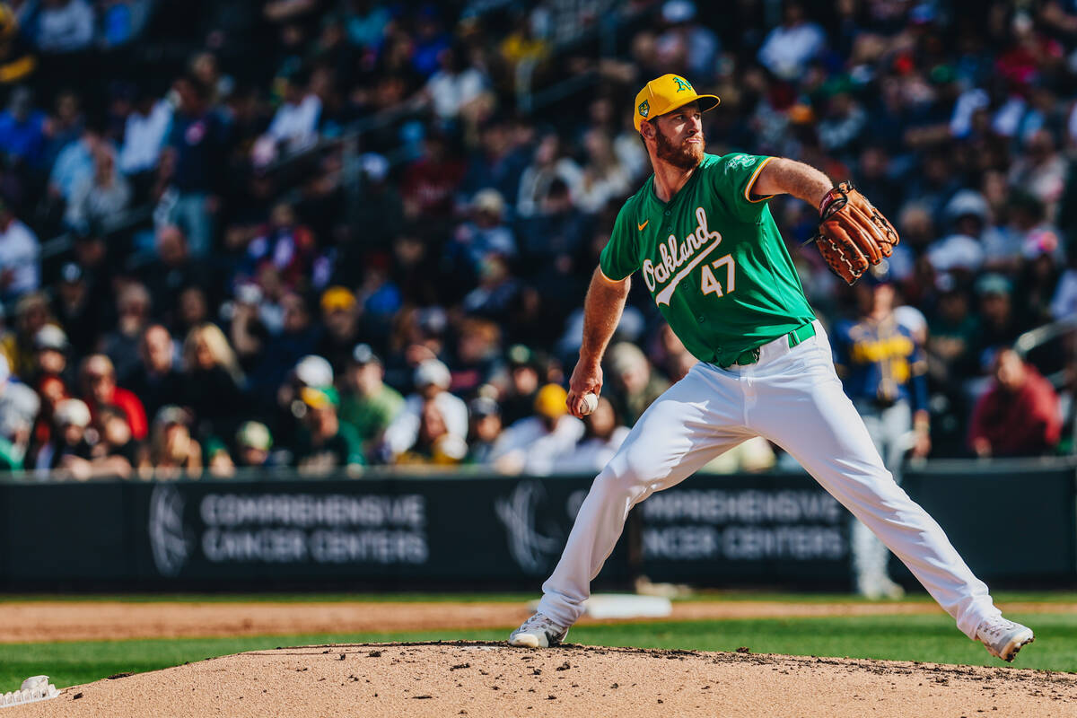 Oakland A’s pitcher Michael Kelly (47) throws the ball from the mound during a Big Leagu ...