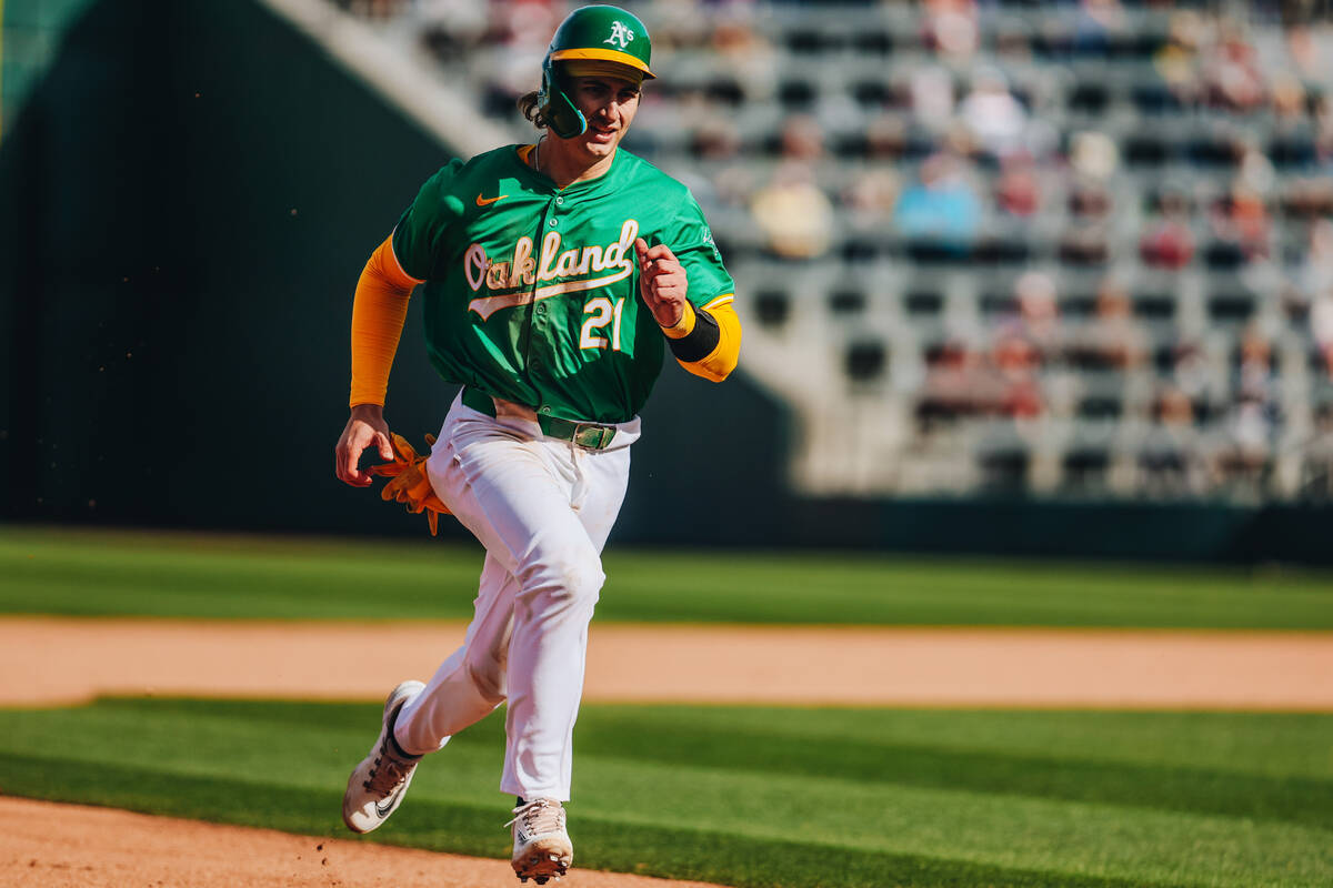 Oakland A’s catcher Tyler Soderstrom (21) runs to fourth base during a Big League Weeken ...
