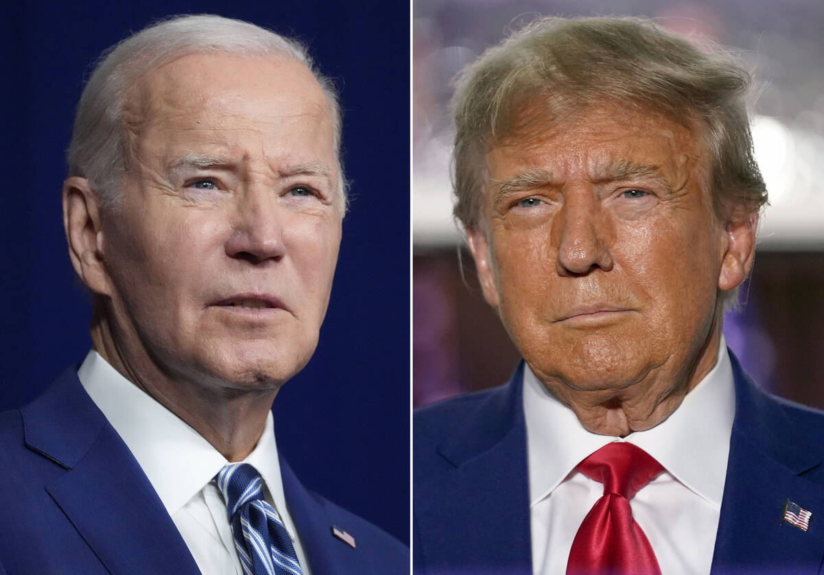 In this combination of photos, President Joe Biden, left, speaks on Aug. 10, 2023, in Salt Lake ...