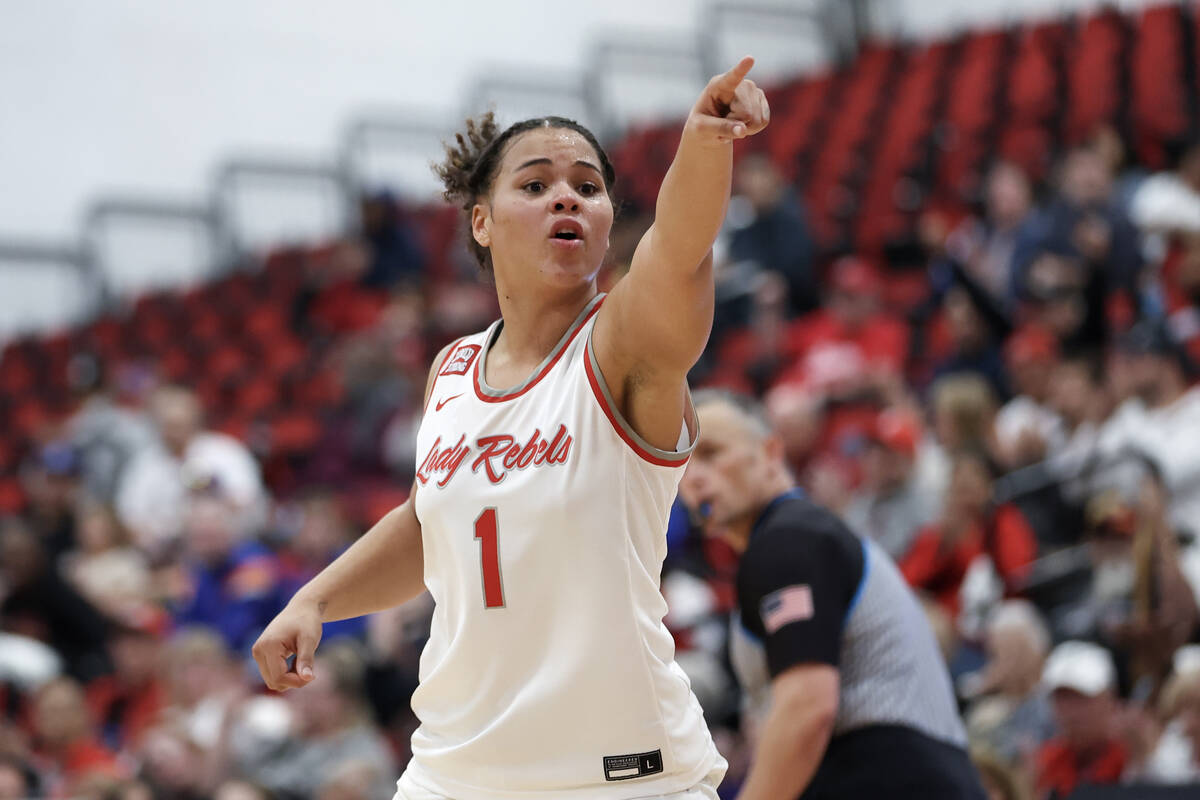 UNLV Lady Rebels forward Nneka Obiazor (1) gestures to a teammate during the second half of an ...