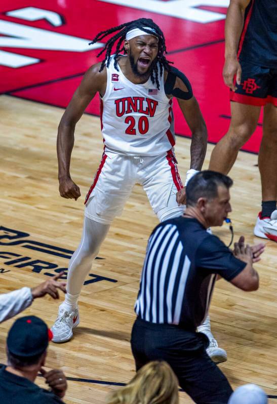 UNLV forward Keylan Boone (20) yells after causing another turnover against the San Diego State ...