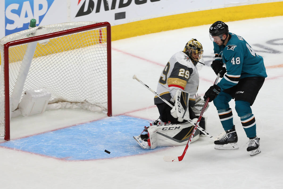 Vegas Golden Knights goaltender Marc-Andre Fleury (29) defends the goal against San Jose Sharks ...