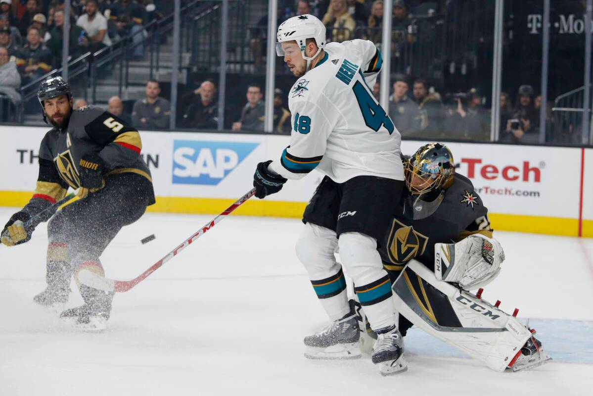 San Jose Sharks center Tomas Hertl (48) attempts a shot on Vegas Golden Knights goaltender Marc ...