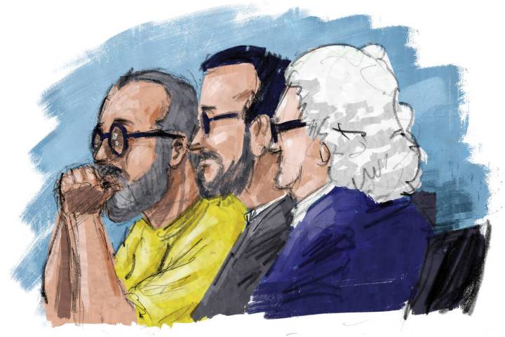 In this courtroom sketch, former FBI informant Alexander Smirnov, left, sits in federal court w ...