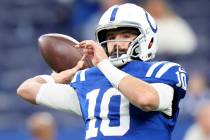 Indianapolis Colts quarterback Gardner Minshew (10) warms up before an NFL football game agains ...
