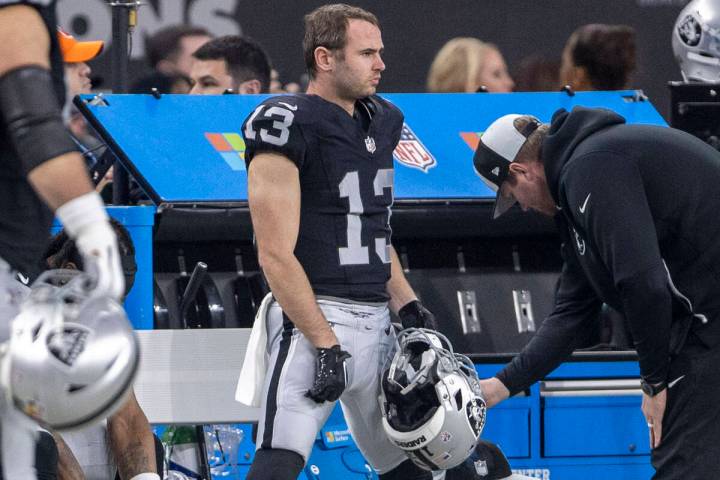Raiders wide receiver Hunter Renfrow (13) watches the team play from the sideline during the se ...