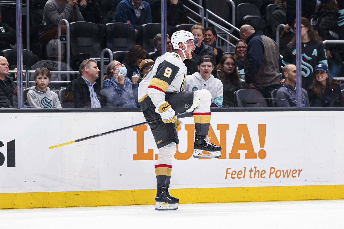 Vegas Golden Knights center Jack Eichel celebrates his overtime goal gainst the Seattle Kraken ...