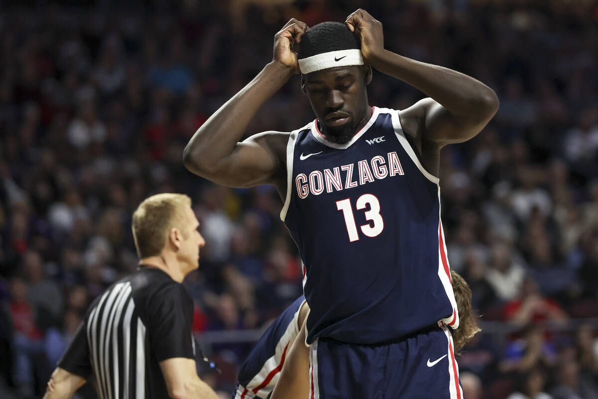 Gonzaga Bulldogs forward Graham Ike (13) reacts after referees charged him with a foul during t ...