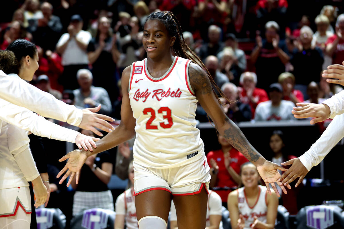 UNLV Lady Rebels center Desi-Rae Young (23) is announced in the starting lineup during the firs ...