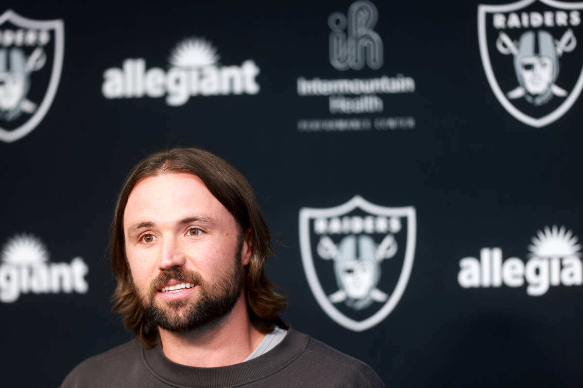 New Raiders quarterback Gardner Minshew talks to the news media at Intermountain Health Perform ...