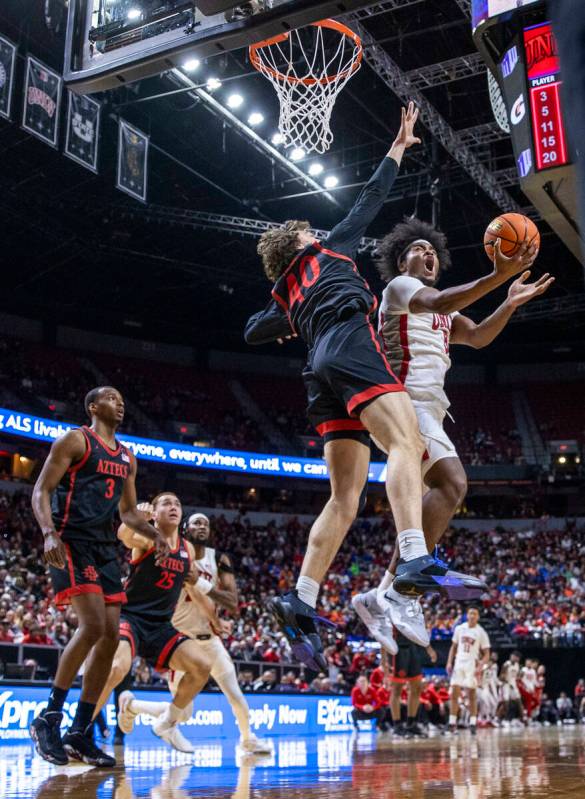 UNLV Rebels forward Rob Whaley Jr. (5) looks to shoot against San Diego State Aztecs forward Mi ...