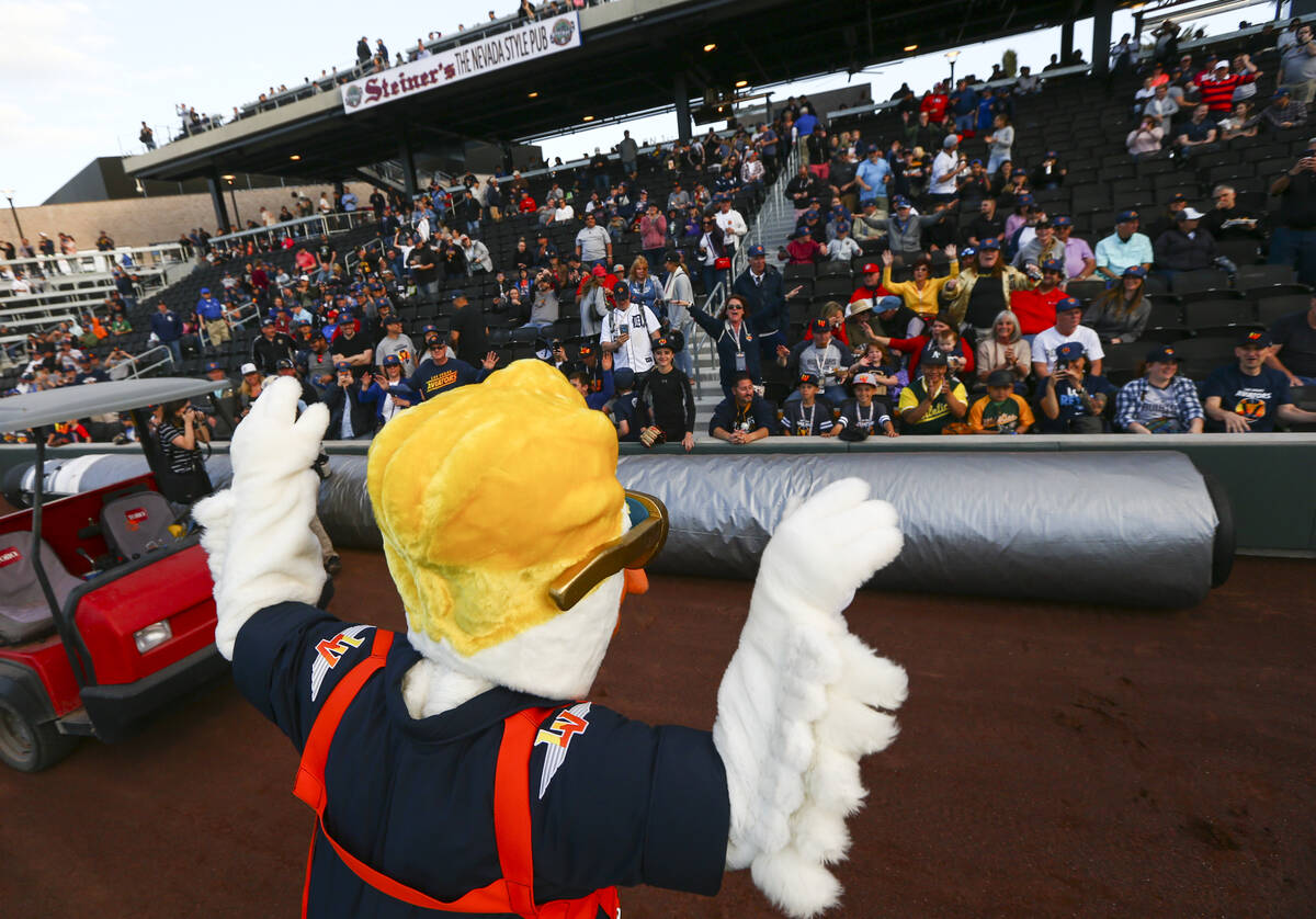 Mascot Spruce the Goose pumps up the crowd before the start of the Las Vegas Aviators' home ope ...