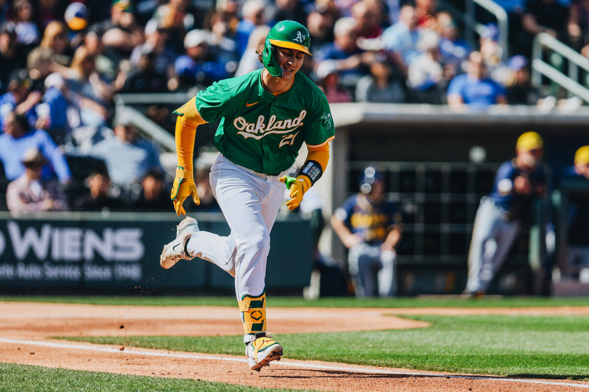 Oakland A’s catcher Tyler Soderstrom (21) runs to second base during a Big League Weeken ...