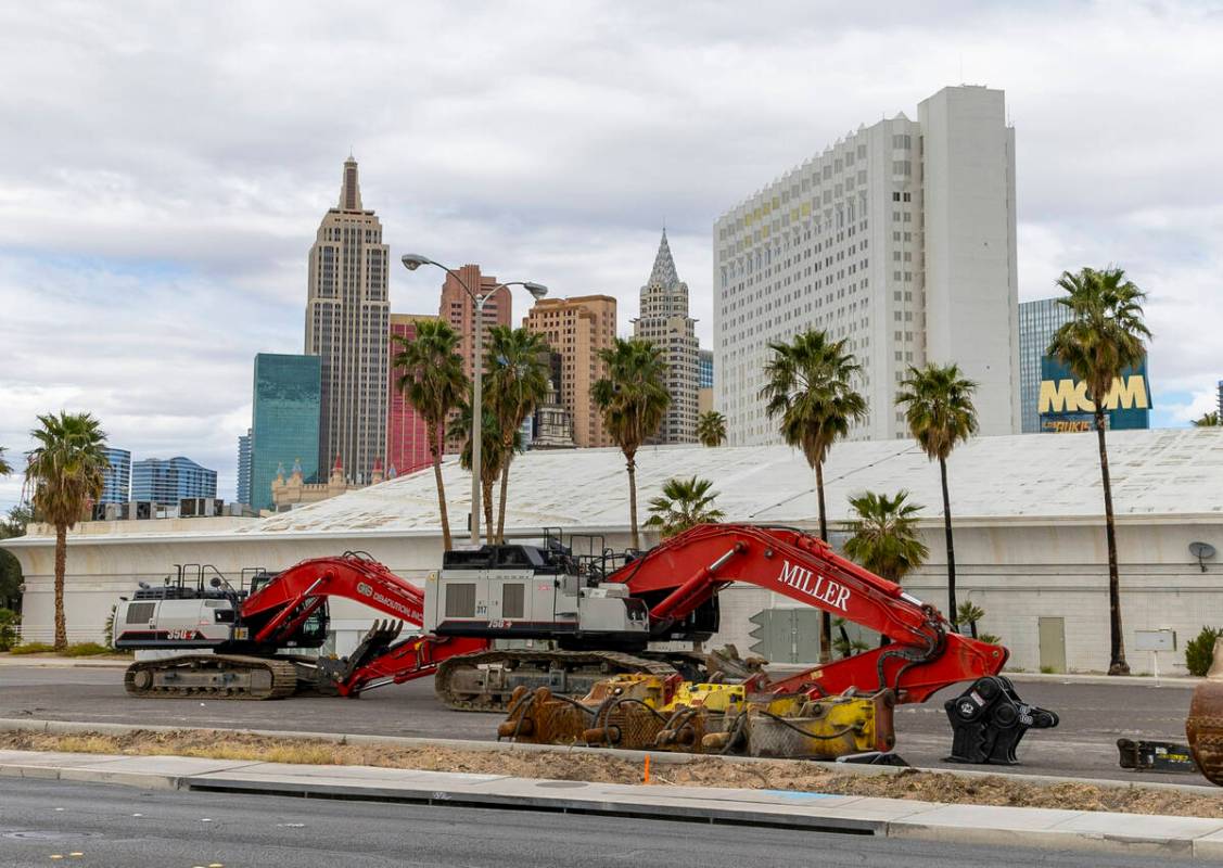 Excavators and other equipment sit on a back lot of the Tropicana on Thursday, March 14, 2024, ...