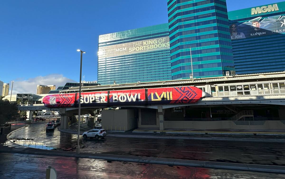 A train on the Las Vegas Monorail decked out in a Super Bowl wrap at the MGM Grand, with the Tr ...