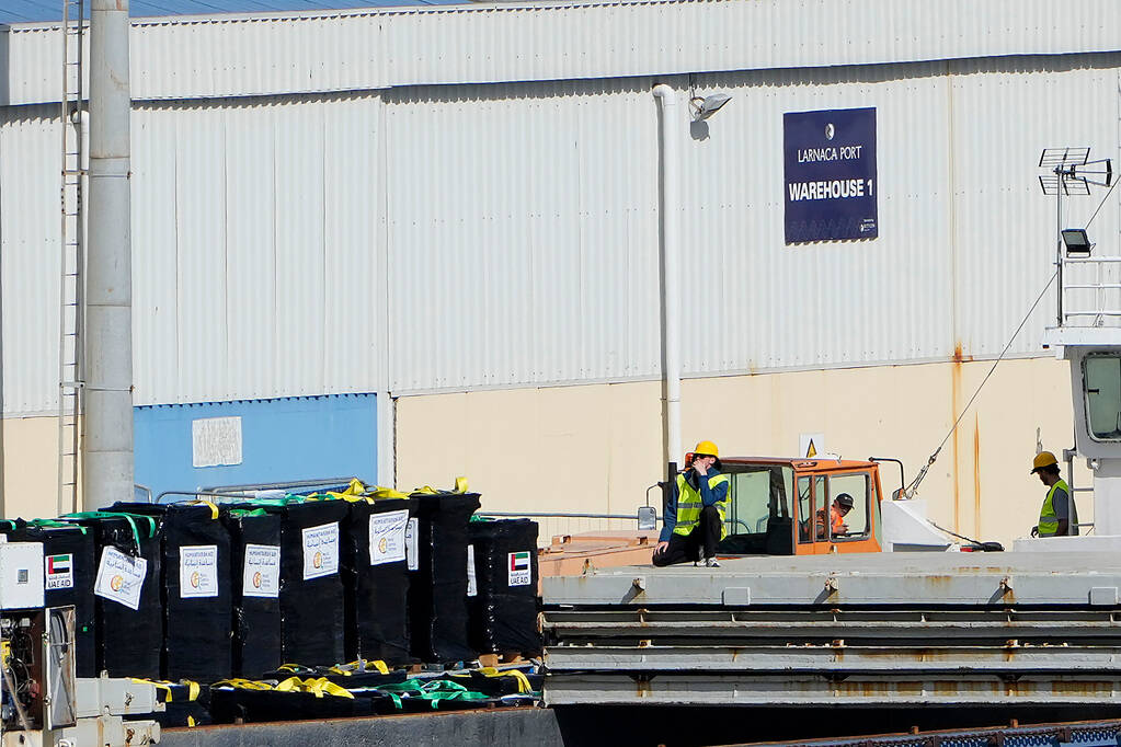 Food aid, left on the pallets, from the U.S. charity World Central Kitchen and the United Arab ...