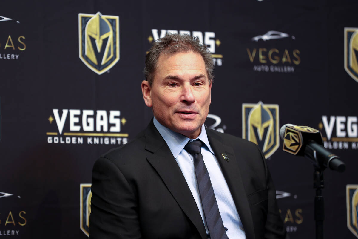 Golden Knights head coach Bruce Cassidy speaks during a news conference after an NHL hockey gam ...