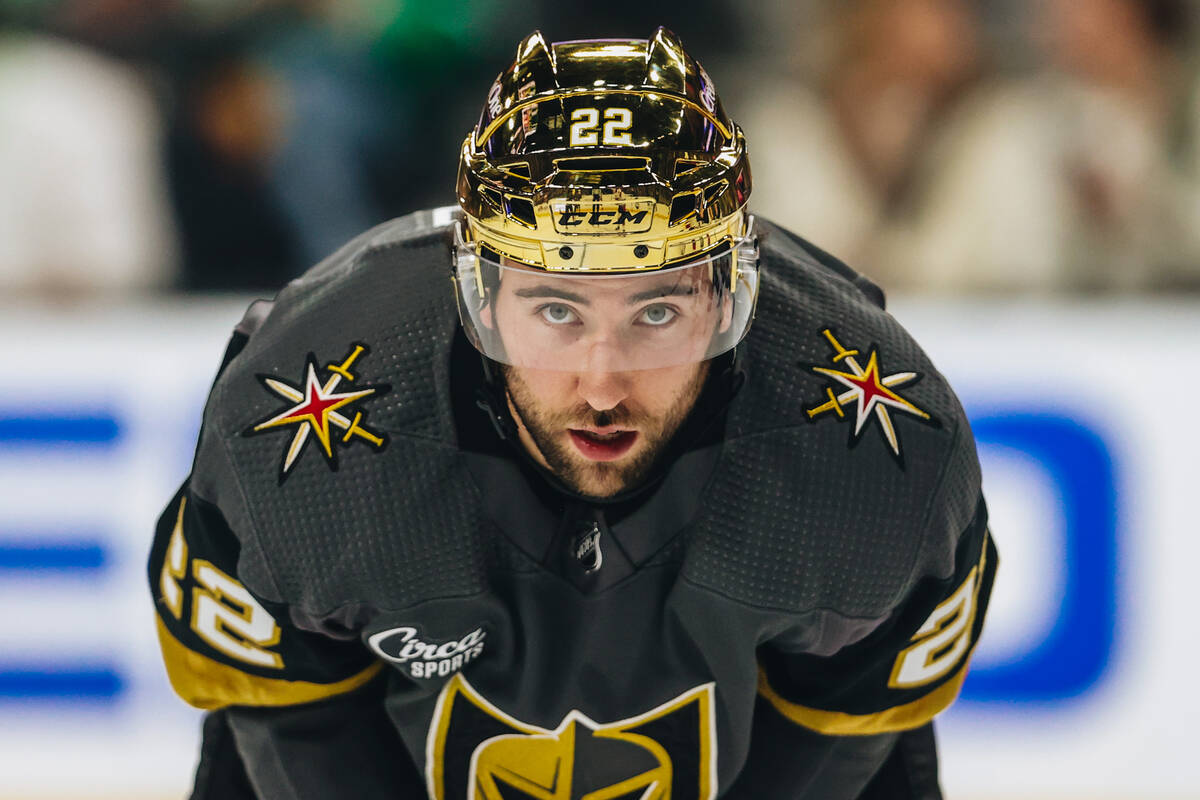 Golden Knights right wing Michael Amadio (22) waits for the puck to drop during an NHL game bet ...