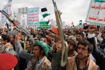 Houthi supporters attend a rally against the U.S. airstrikes on Yemen and the Israeli offensive ...