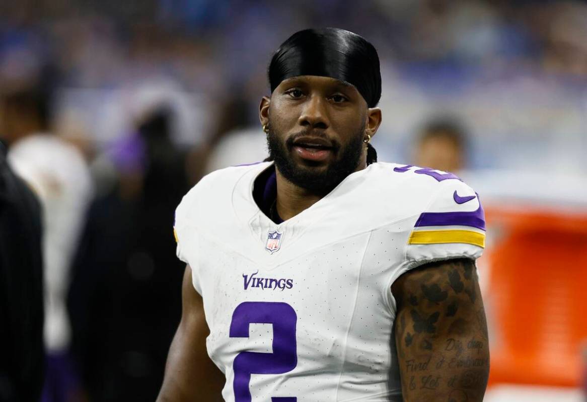 Minnesota Vikings running back Alexander Mattison (2) looks on before an NFL football game agai ...