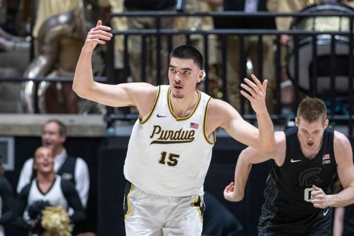 Purdue center Zach Edey (15) reacts during an NCAA college basketball game against Michigan Sta ...
