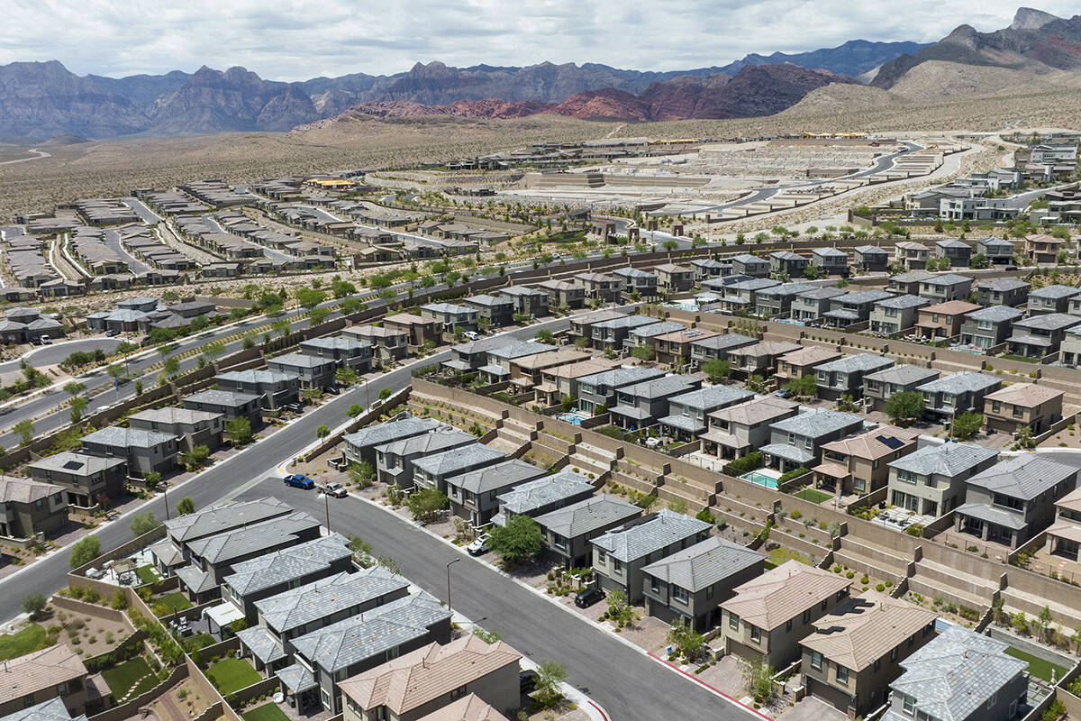An aerial photo shows homes in Summerlin near Paseos Park on Wednesday, Aug 9, 2023. (Bizuayehu ...
