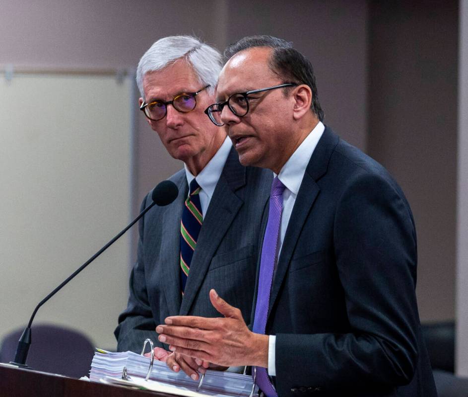 Bally's Corporation Senior VP Ameet Patel, right, with lawyer Dan Reaser speaks at the podium a ...