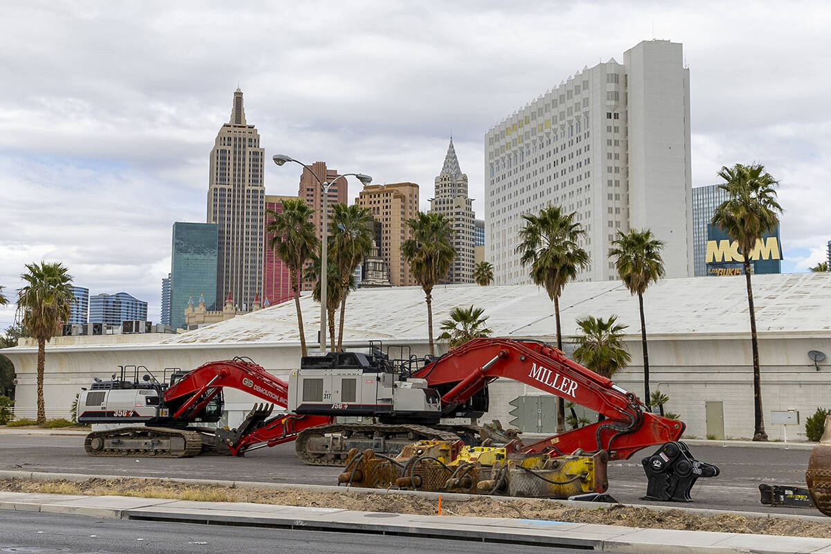 Excavators and other equipment on a back lot of the Tropicana on Thursday, March 14, 2024, in L ...