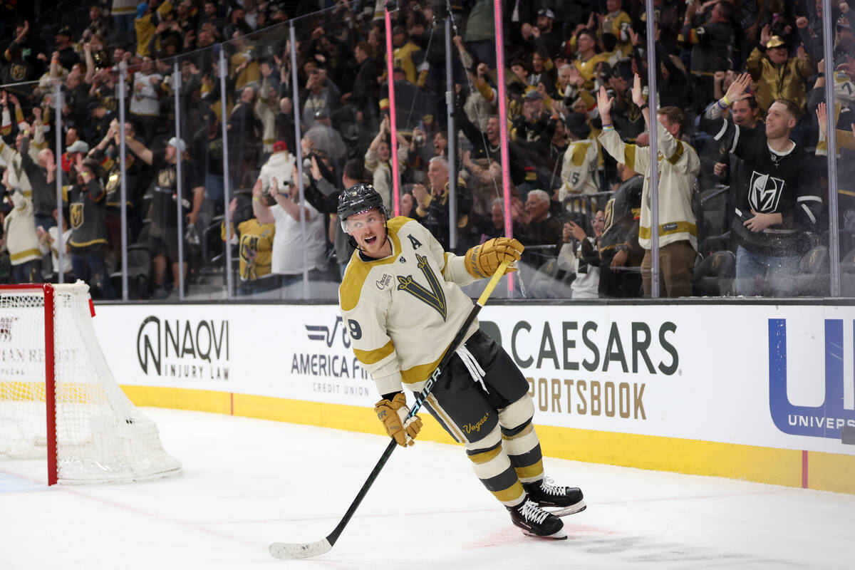 Golden Knights center Jack Eichel (9) reacts after center Chandler Stephenson, out of frame, sc ...