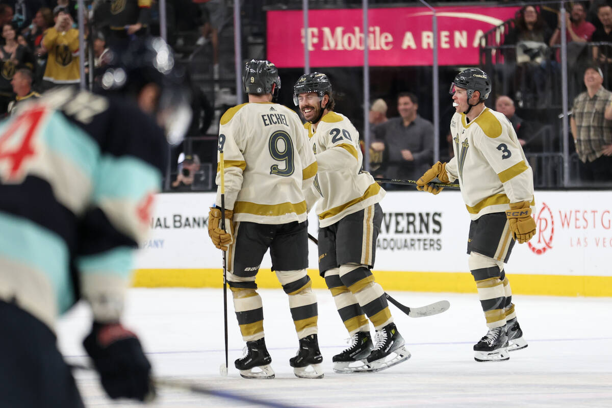 Golden Knights center Jack Eichel (9), center Chandler Stephenson (20) and defenseman Brayden M ...